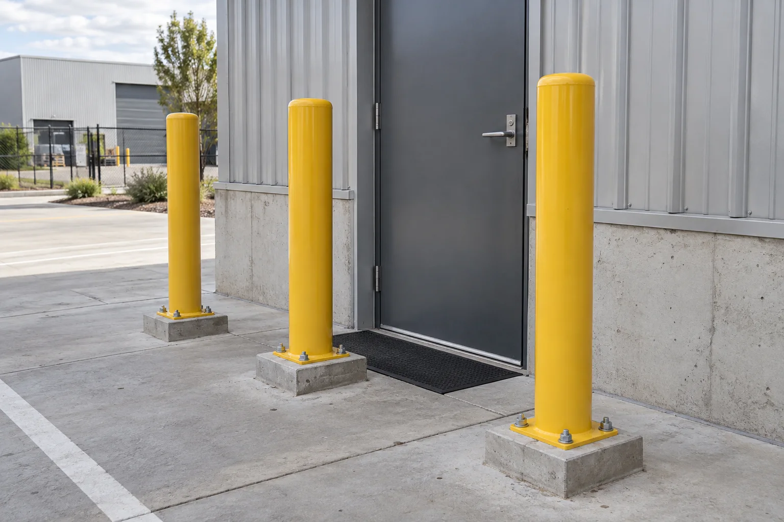 Illustrative yellow steel bollards on separate concrete footings near a warehouse doorway