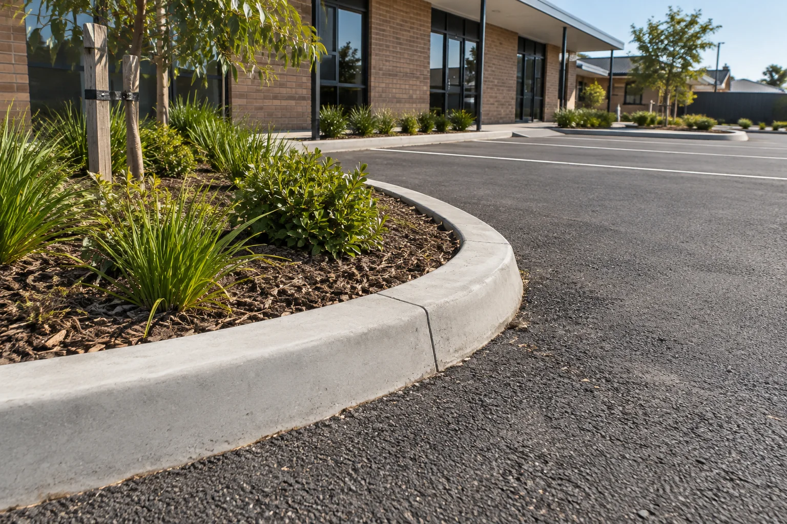 Illustrative curved concrete kerbing separating an asphalt parking area from a planted garden bed