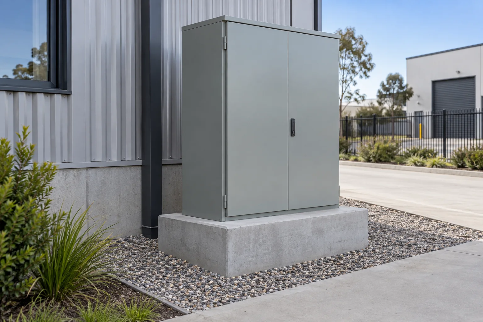 Illustrative low concrete plinth supporting a closed outdoor metal utility cabinet on a gravel surround