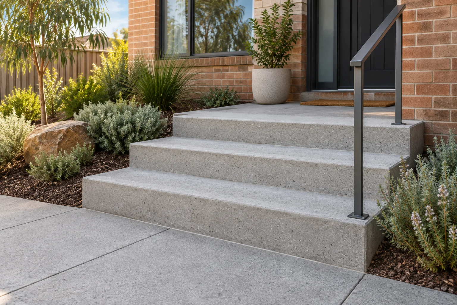 Illustrative concrete garden steps with textured treads and a metal handrail beside an Australian home
