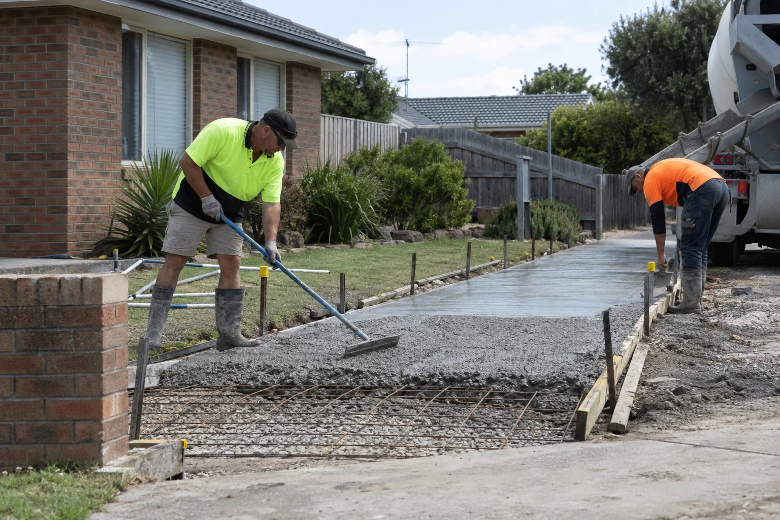 Tradespeople working on driveway replacement in a Geelong-style residential setting