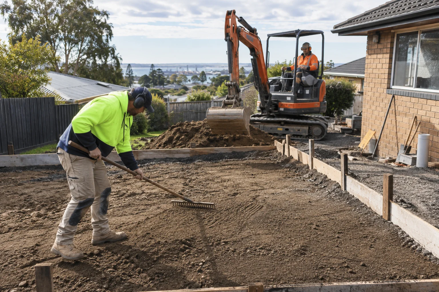 Tradespeople working on earthworks in a Geelong-style residential setting