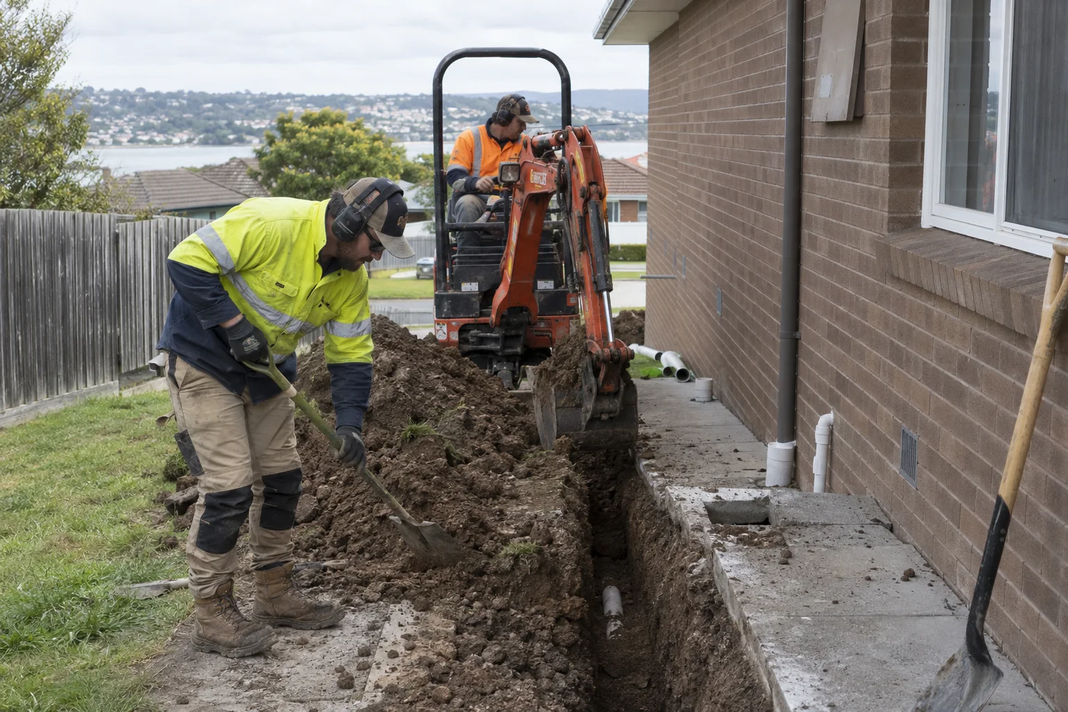 Tradespeople working on trenching in a Geelong-style residential setting