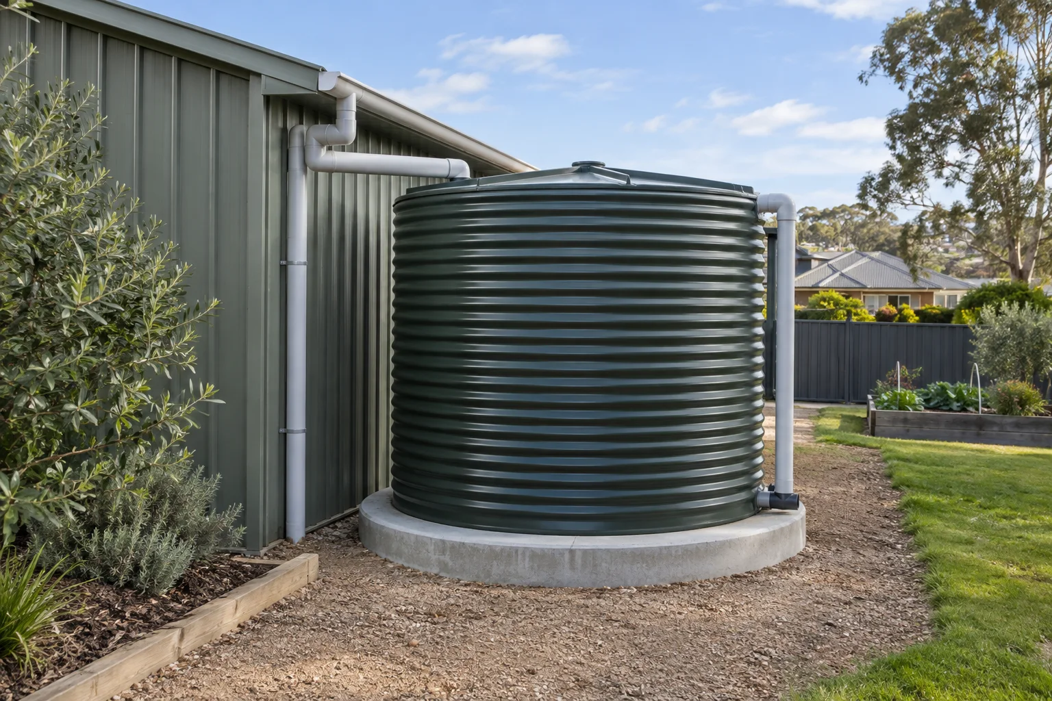 Illustrative circular concrete base supporting a corrugated rainwater tank beside a garden shed